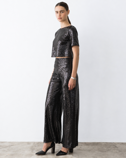Black Sequin Short Sleeve Top