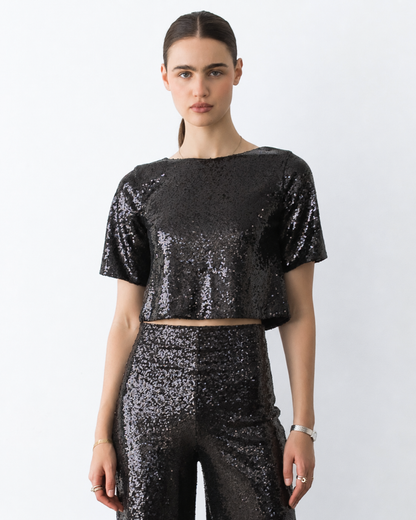 Black Sequin Short Sleeve Top