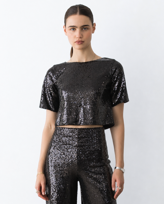 Black Sequin Short Sleeve Top