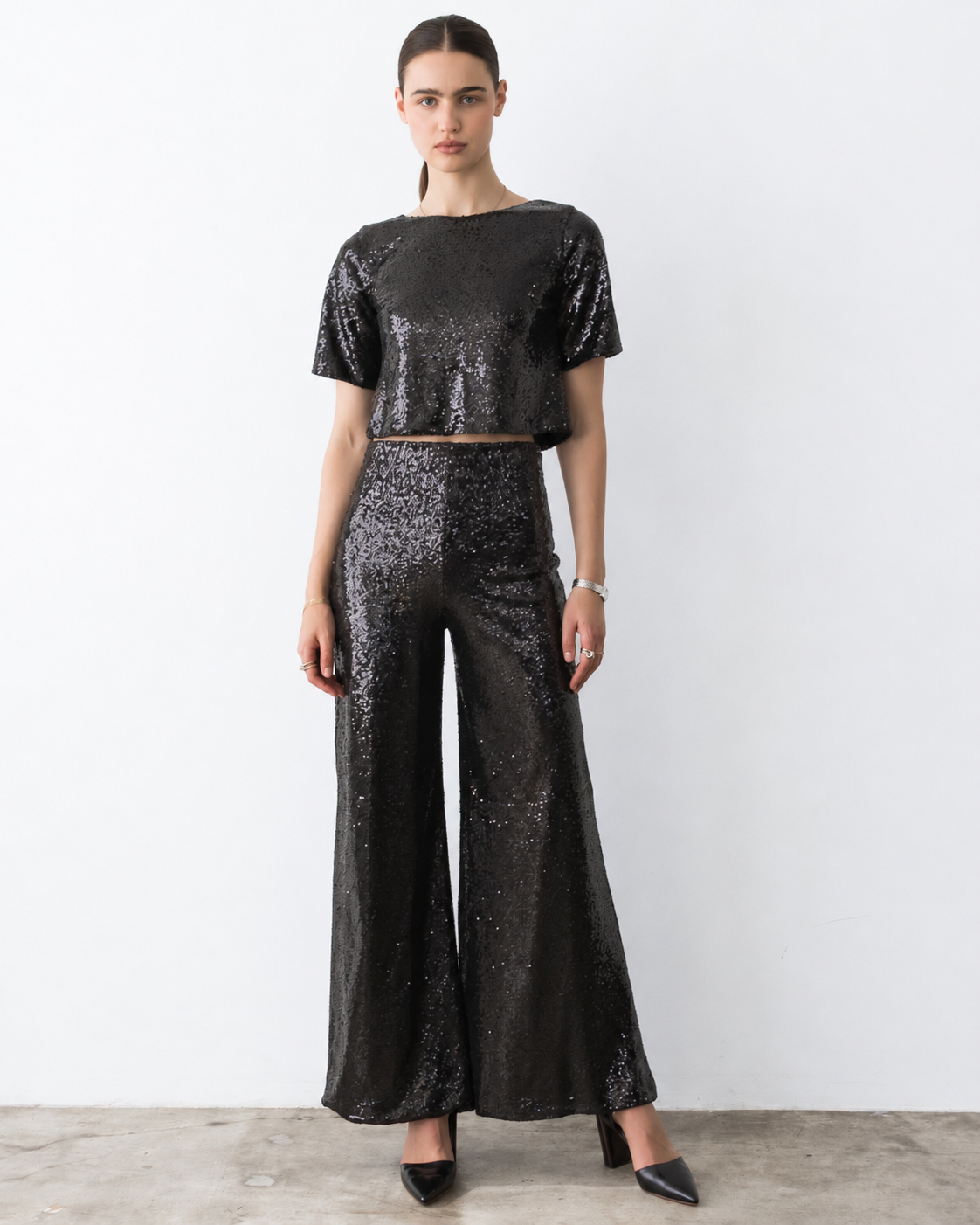 Black Sequin Wide Leg Pant
