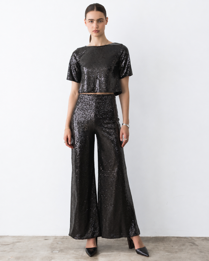Black Sequin Wide Leg Pant