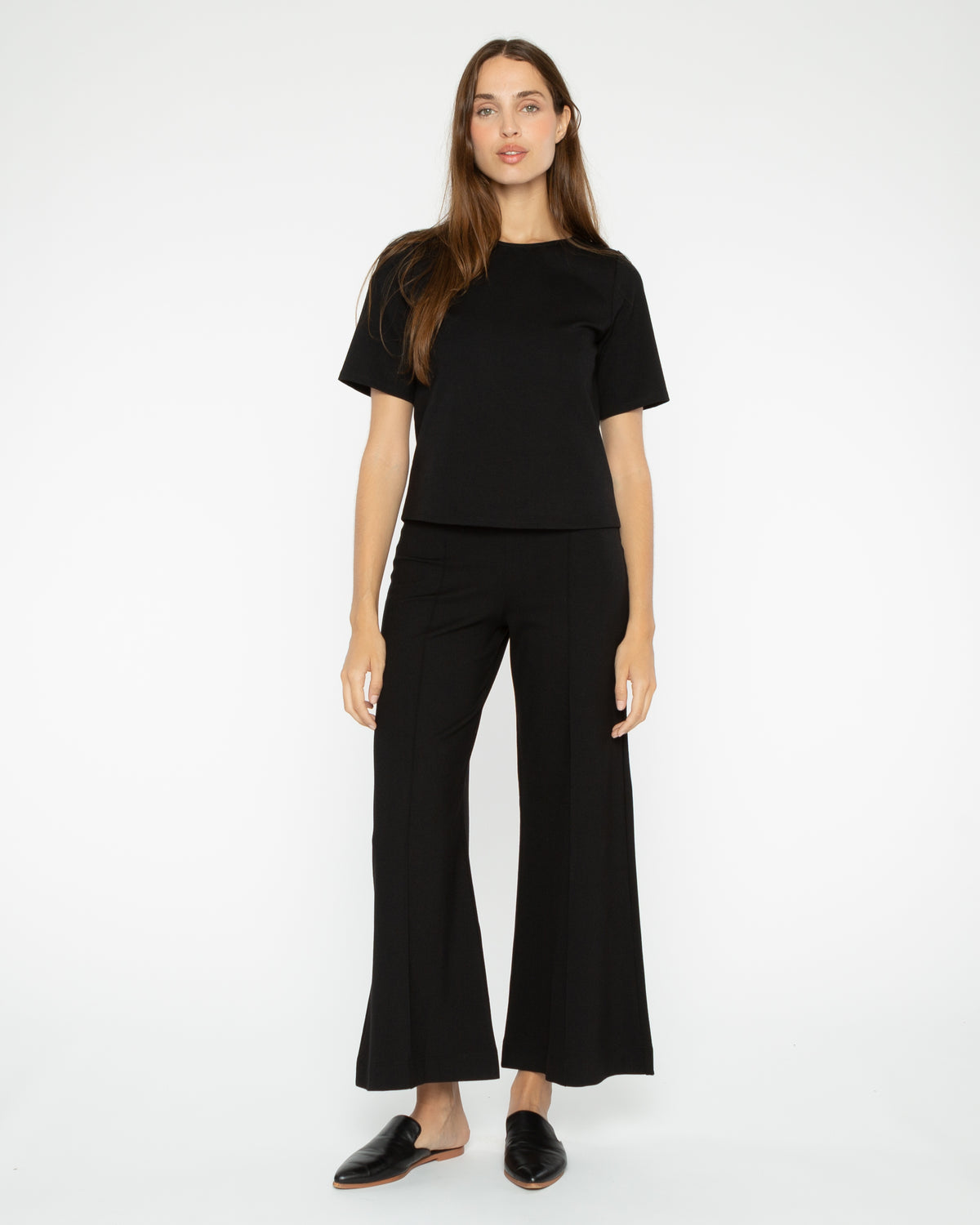 Black Ponte Knit Wide Leg Pant: Cropped