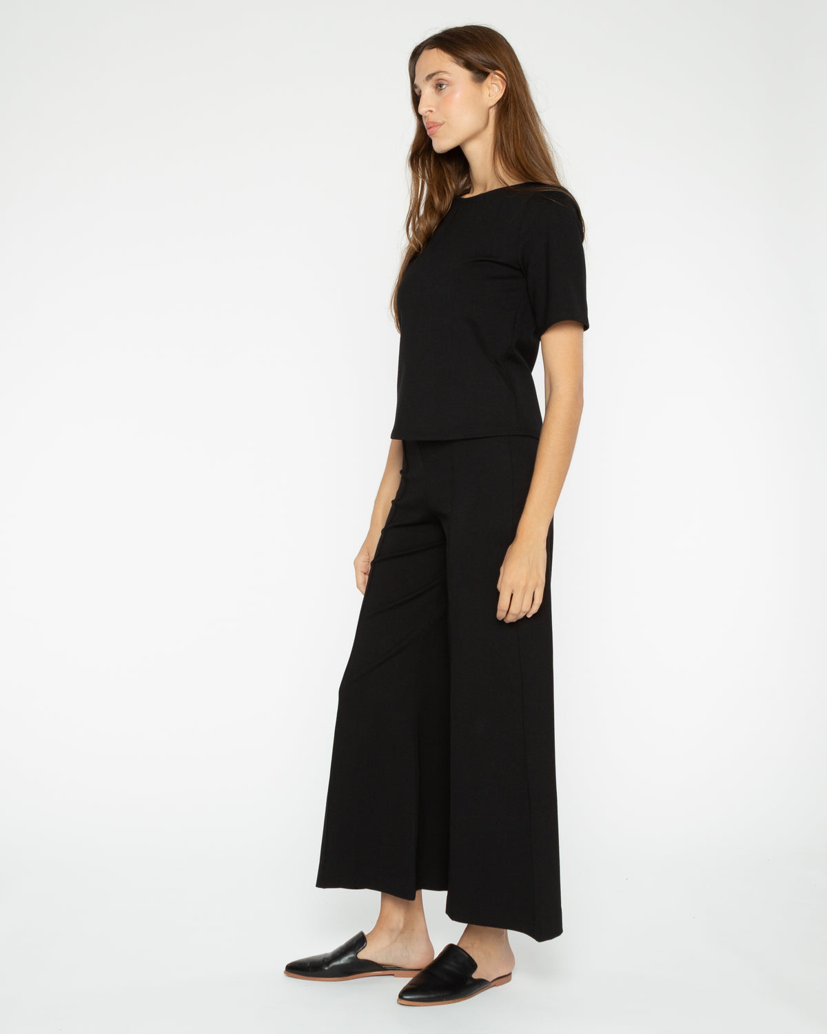 Black Ponte Knit Wide Leg Pant: Cropped