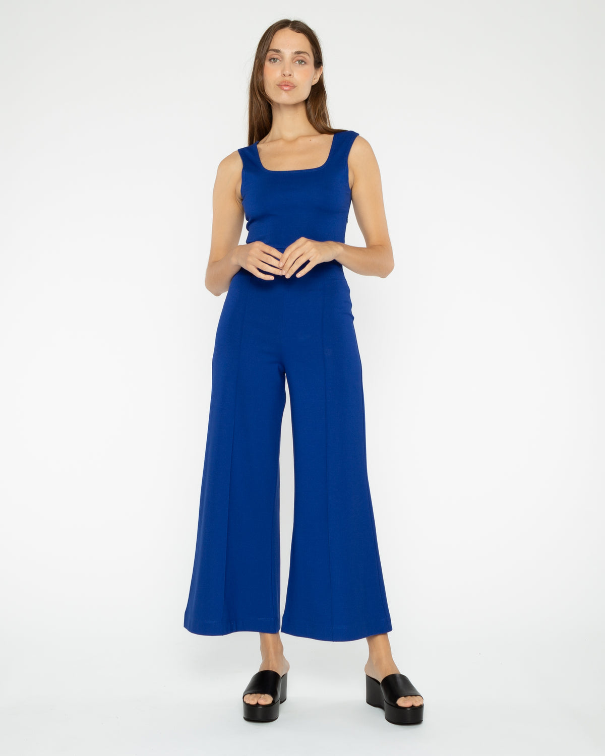 Cobalt Ponte Knit Tank Wide Leg Jumpsuit: Cropped