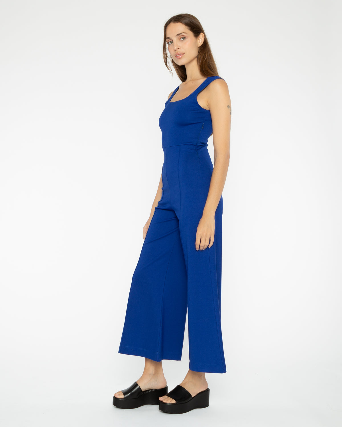 Cobalt Ponte Knit Tank Wide Leg Jumpsuit: Cropped