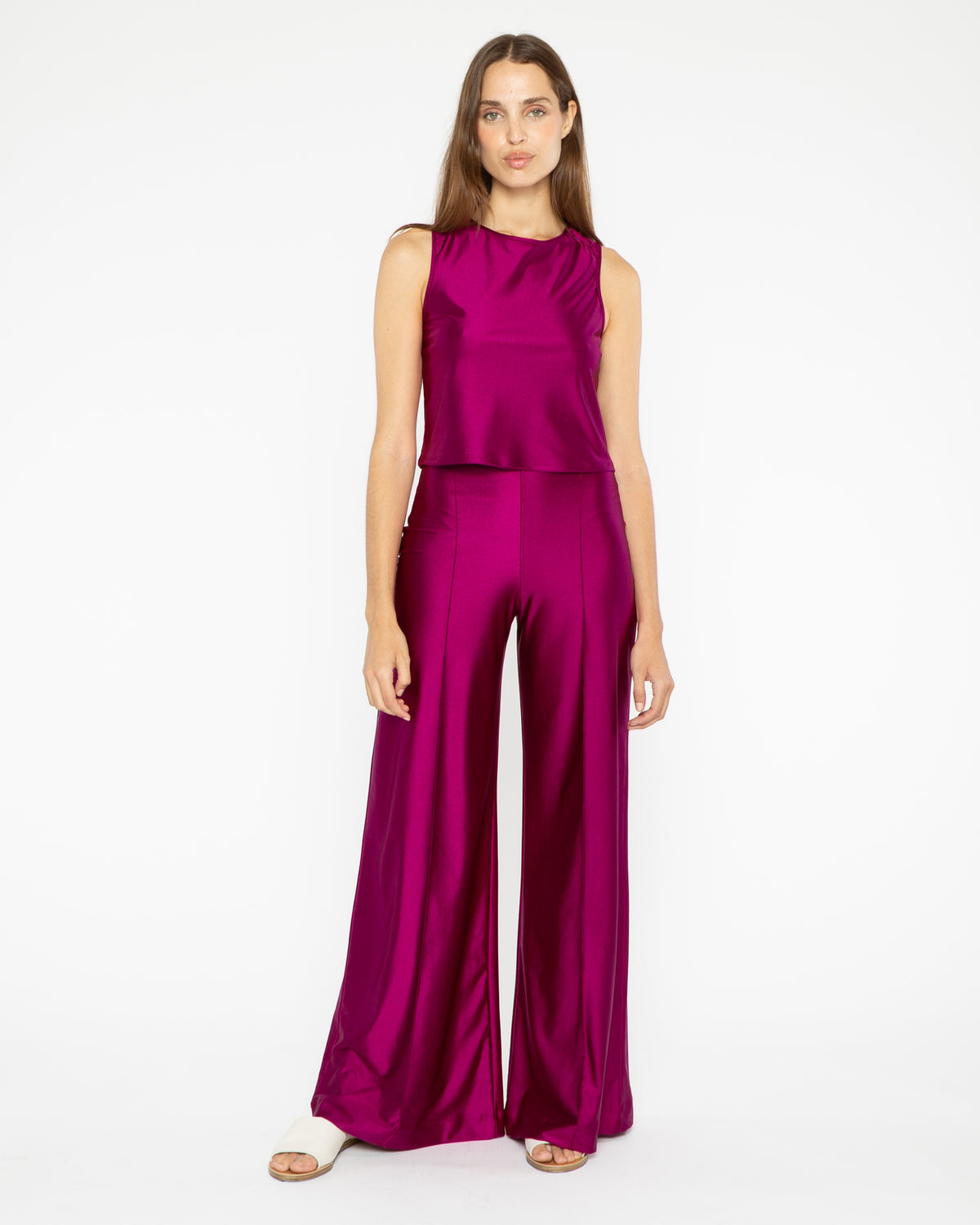 Magenta Sateen Stretch Wide Leg Pant