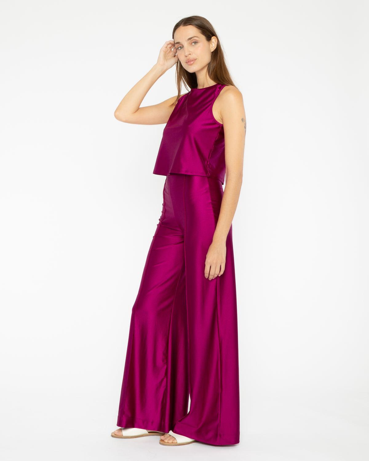 Magenta Sateen Stretch Wide Leg Pant