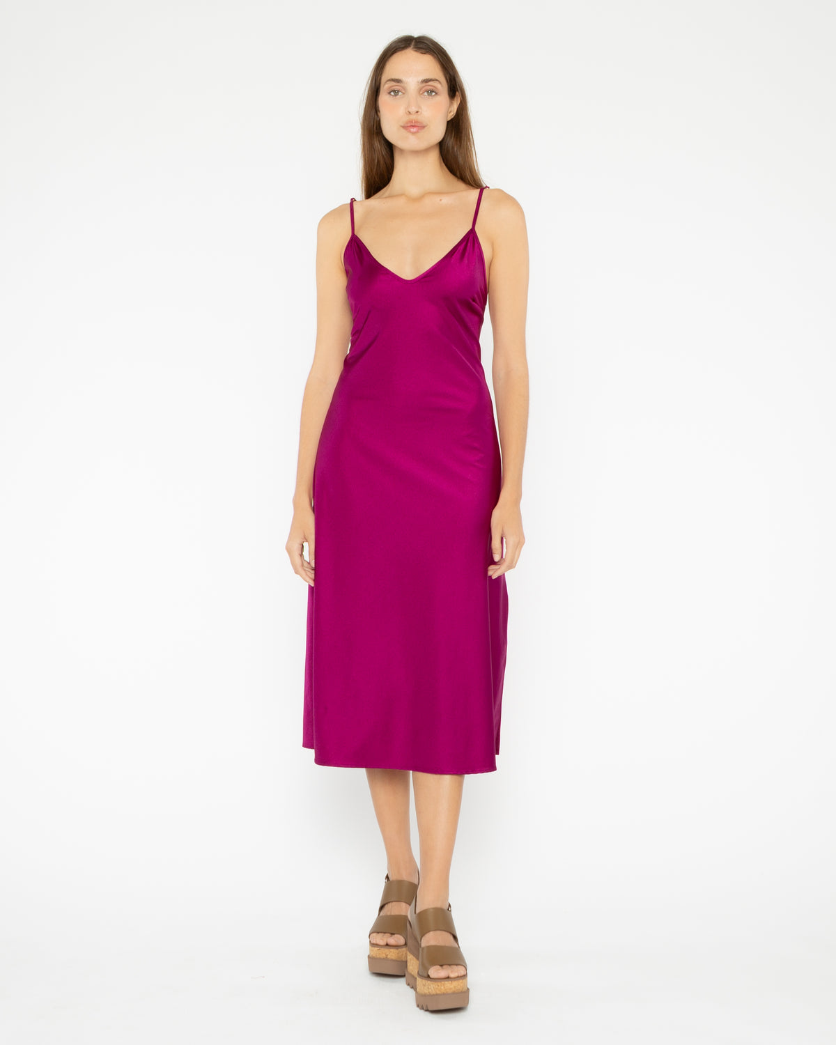 Magenta Sateen Stretch Slip Dress