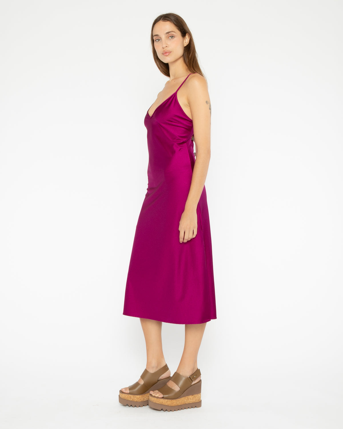 Magenta Sateen Stretch Slip Dress