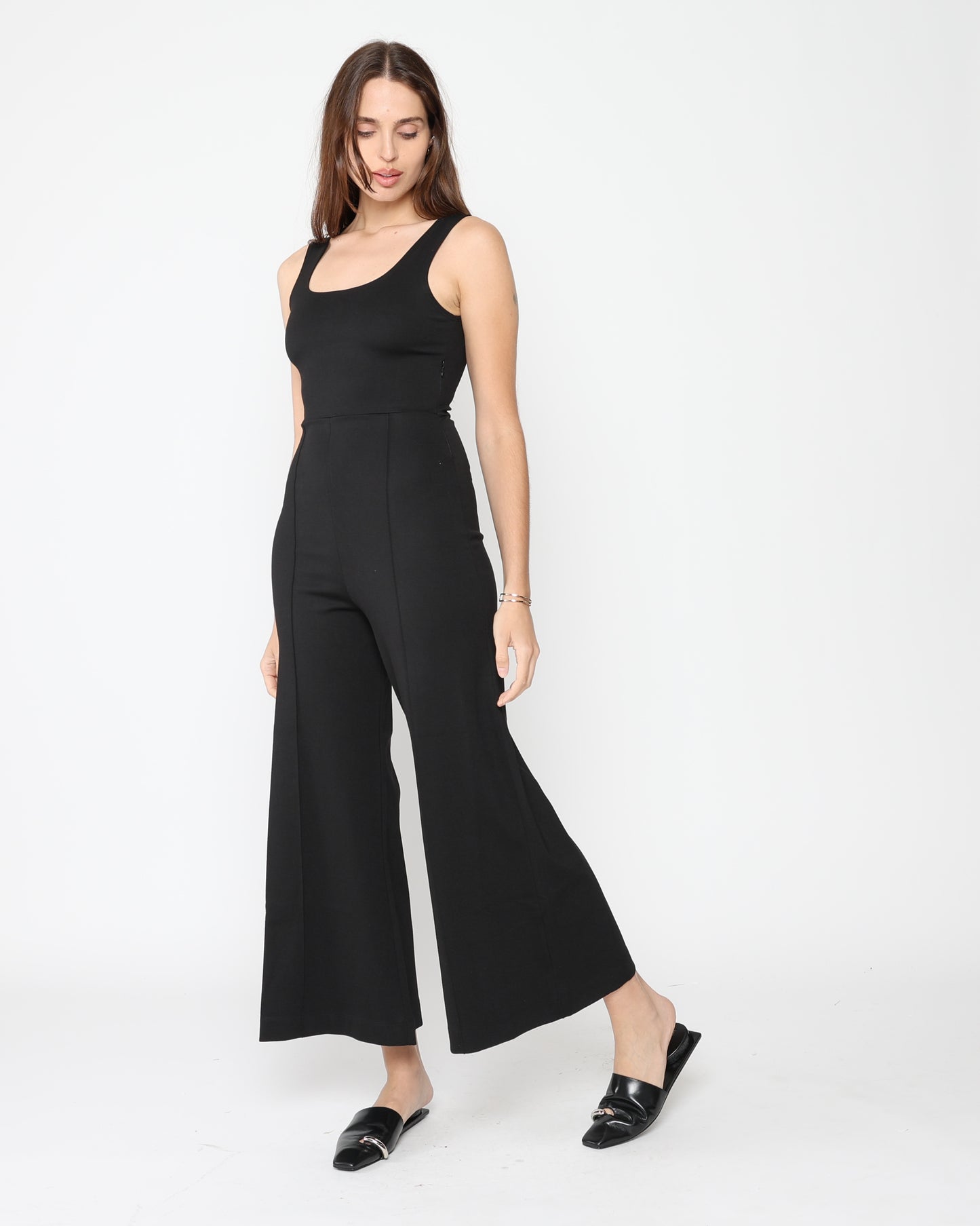 Black Ponte Knit Tank Wide Leg Jumpsuit: Cropped