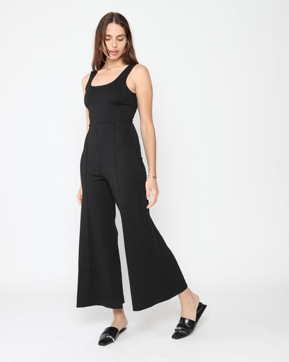 Black Ponte Knit Tank Wide Leg Jumpsuit: Cropped