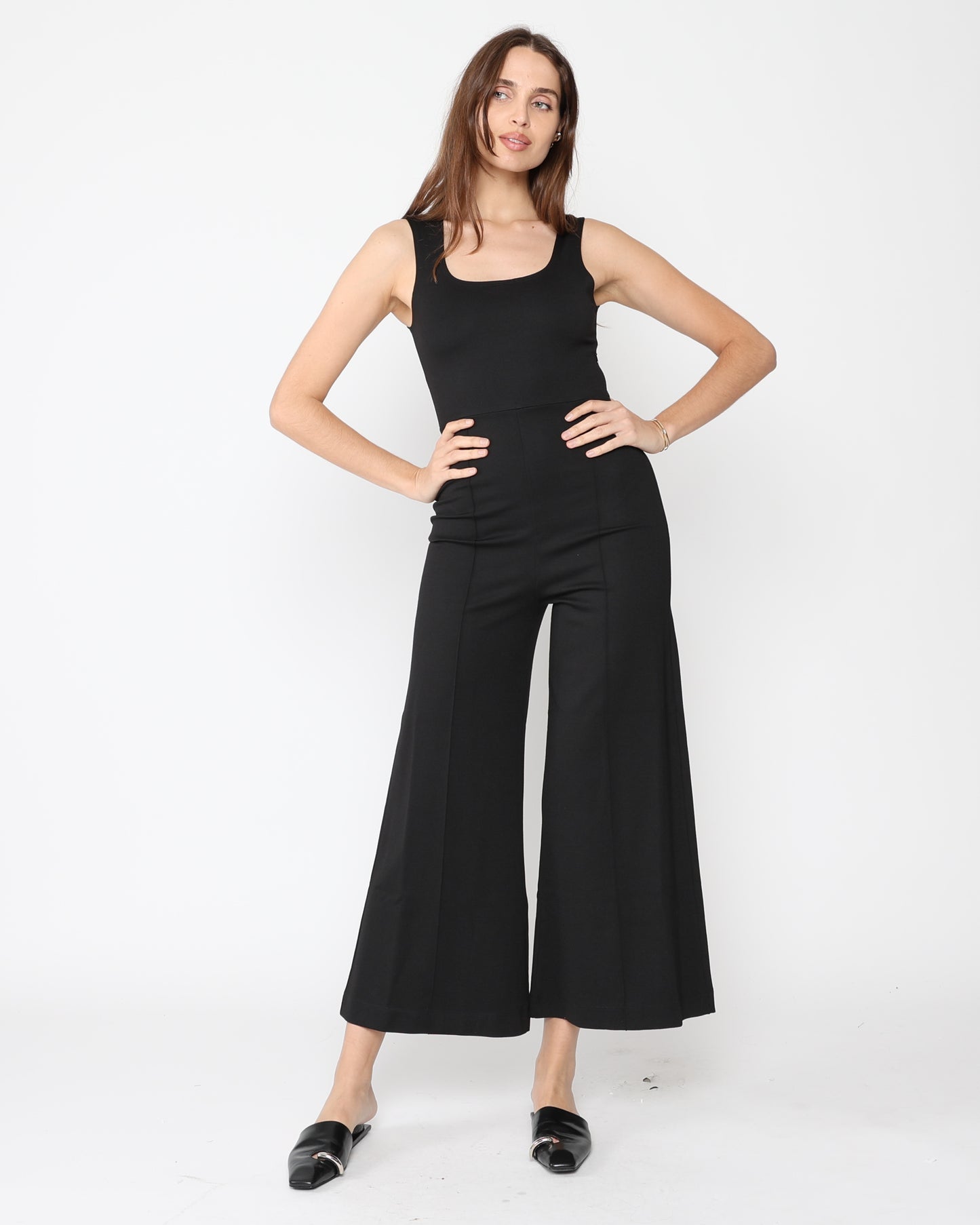 Black Ponte Knit Tank Wide Leg Jumpsuit: Cropped