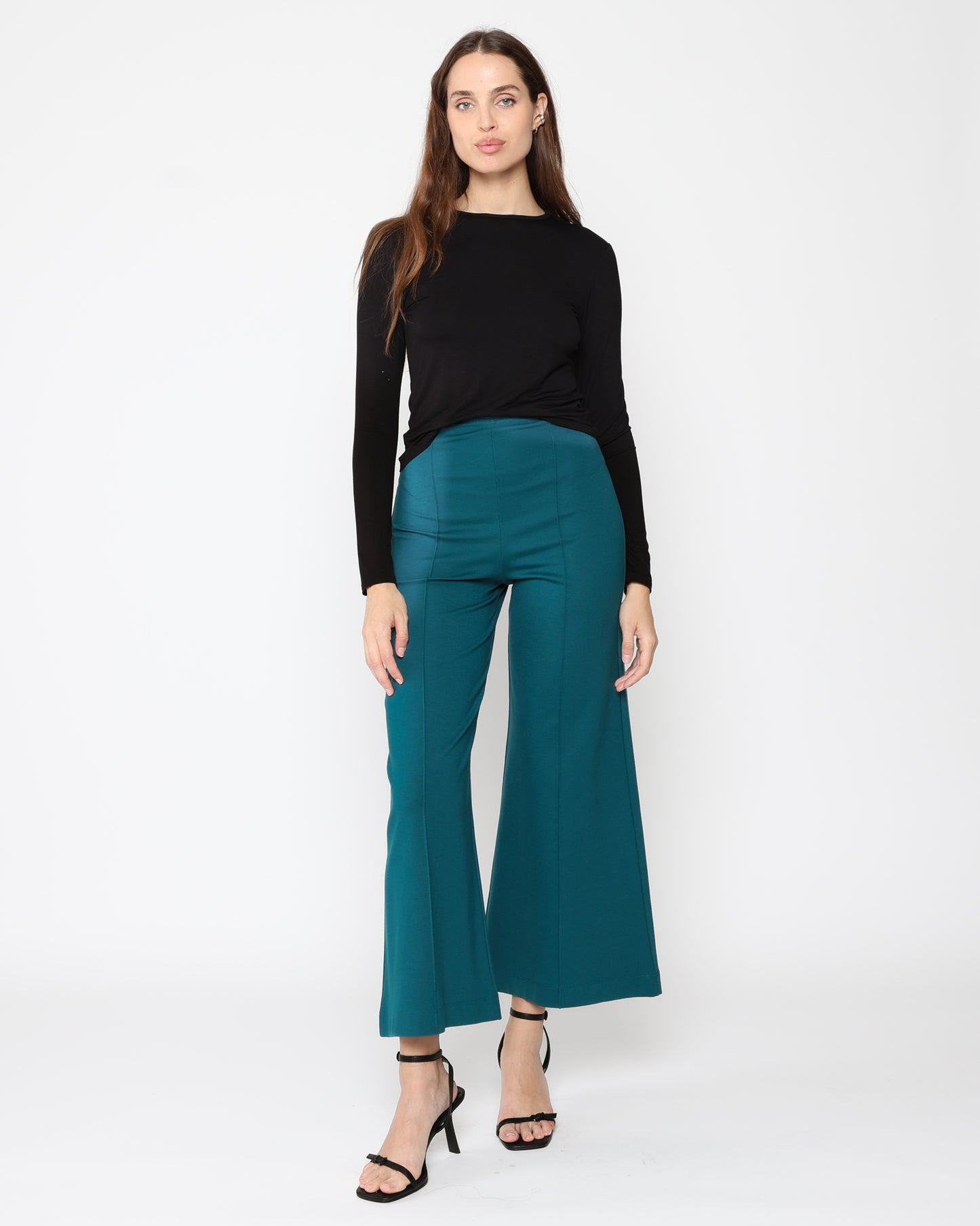 Teal Ponte Knit Wide Leg Pant: Cropped