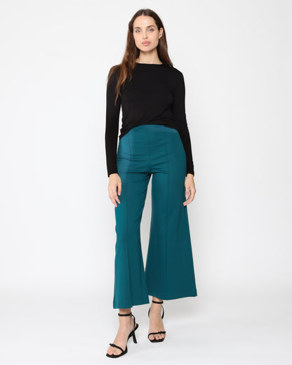 Teal Ponte Knit Wide Leg Pant: Cropped