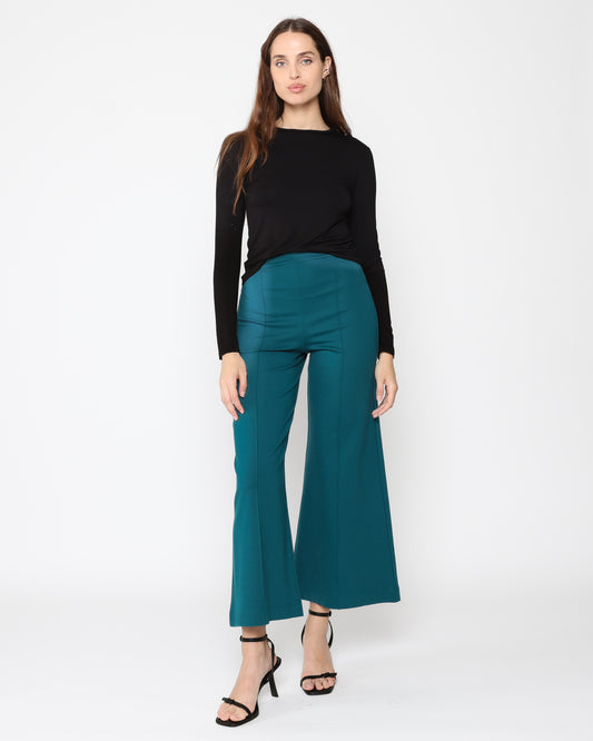 Teal Ponte Knit Wide Leg Pant: Cropped