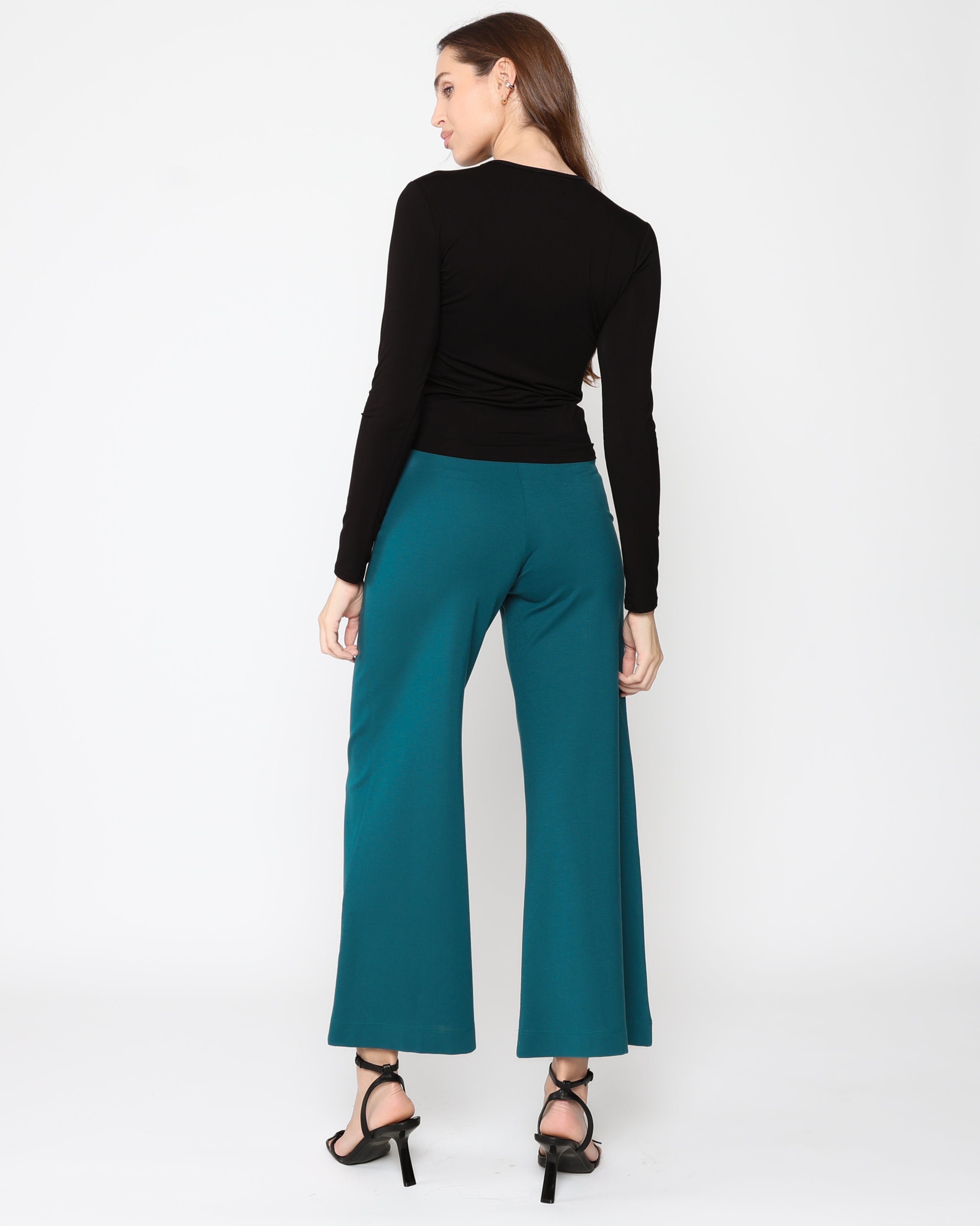 Teal Ponte Knit Cropped Wide Leg Pant
