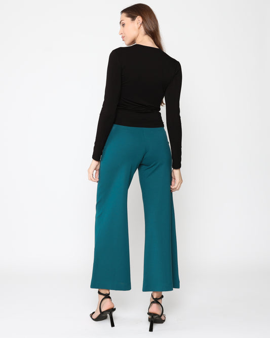 Teal Ponte Knit Wide Leg Pant: Cropped