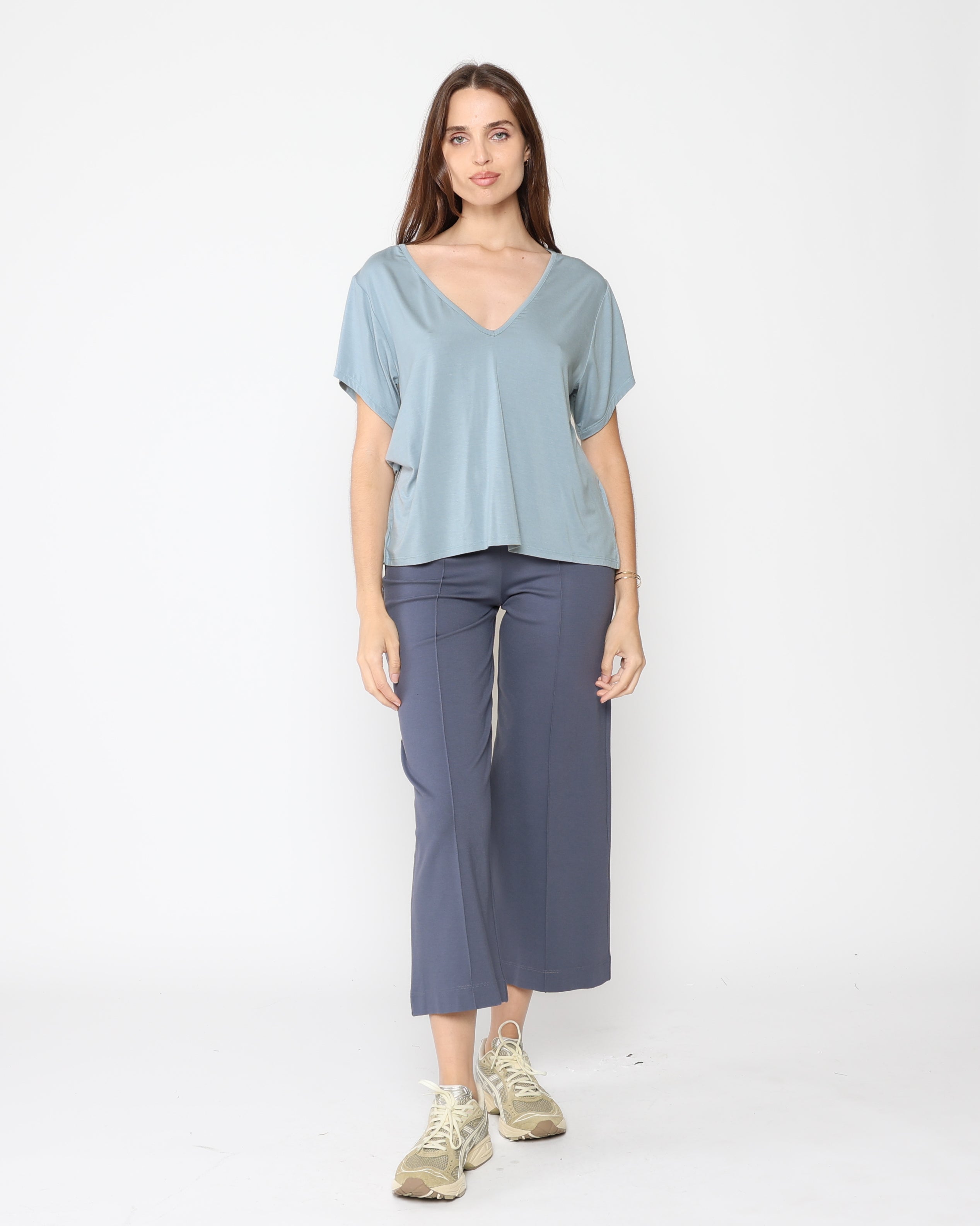 Sea Blue Ponte Knit Cropped Straight Leg Pant