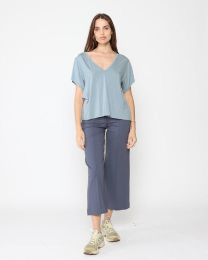 Sea Blue Ponte Knit Straight Leg Pant: Cropped
