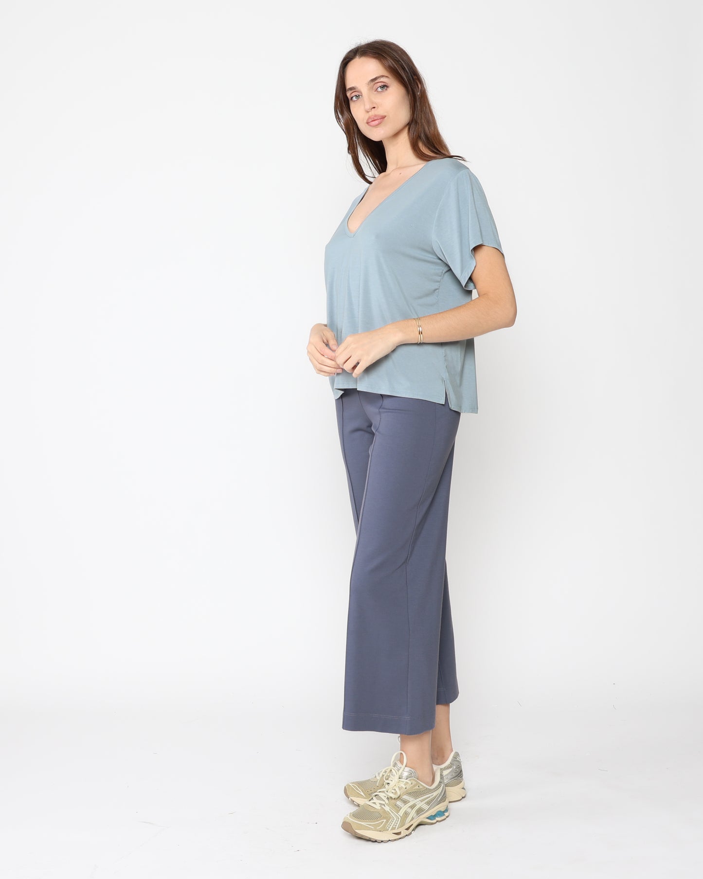 Sea Blue Ponte Knit Straight Leg Pant: Cropped