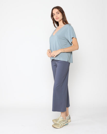 Sea Blue Ponte Knit Straight Leg Pant: Cropped