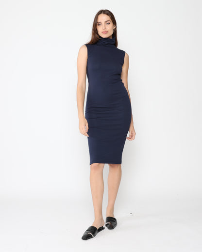 Navy Jersey Tank Midi Turtleneck Dress