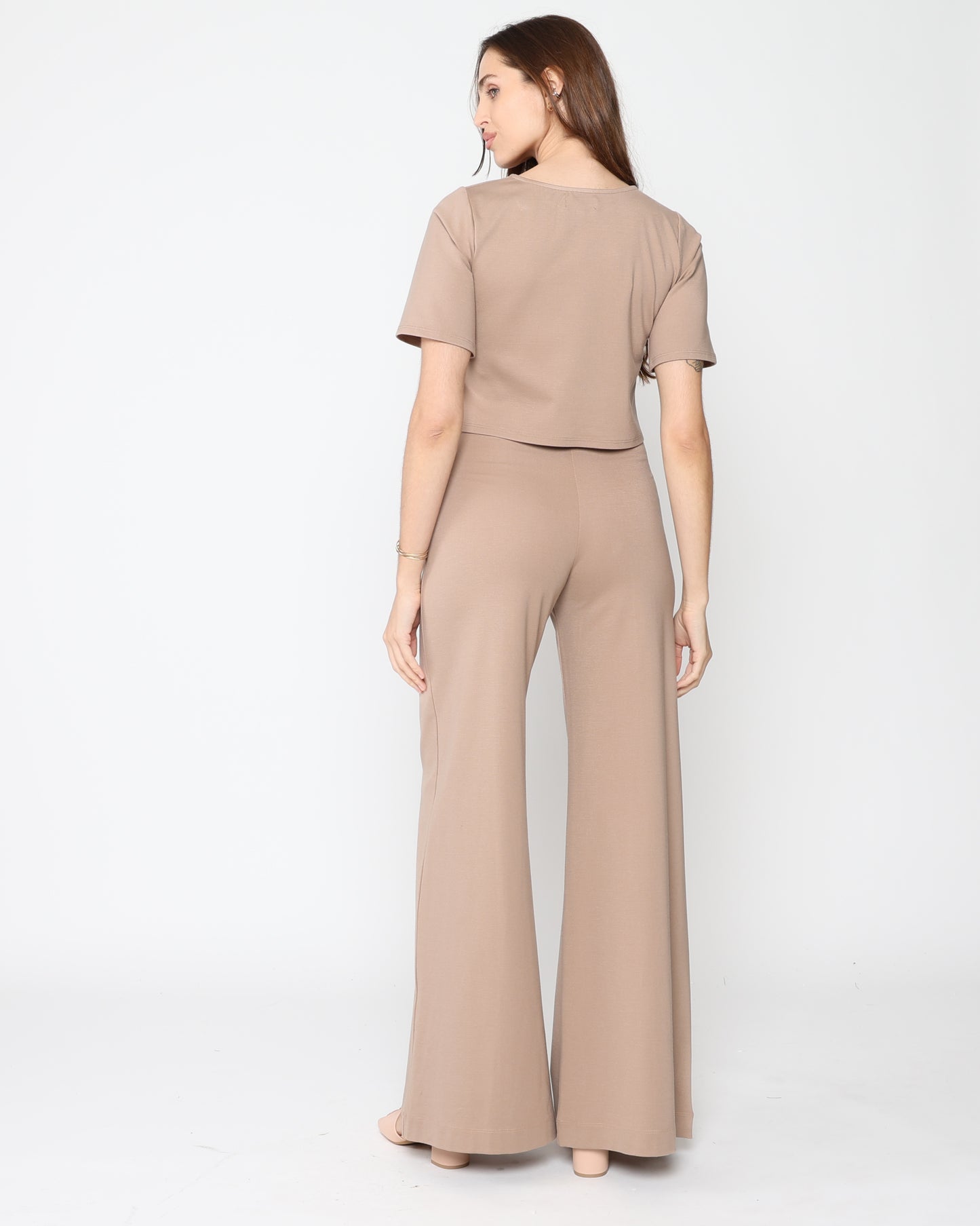 Khaki Ponte Knit Long Wide Leg Pant