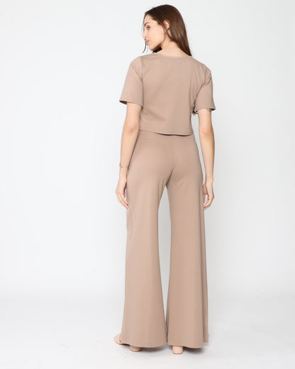 Khaki Ponte Knit Long Wide Leg Pant