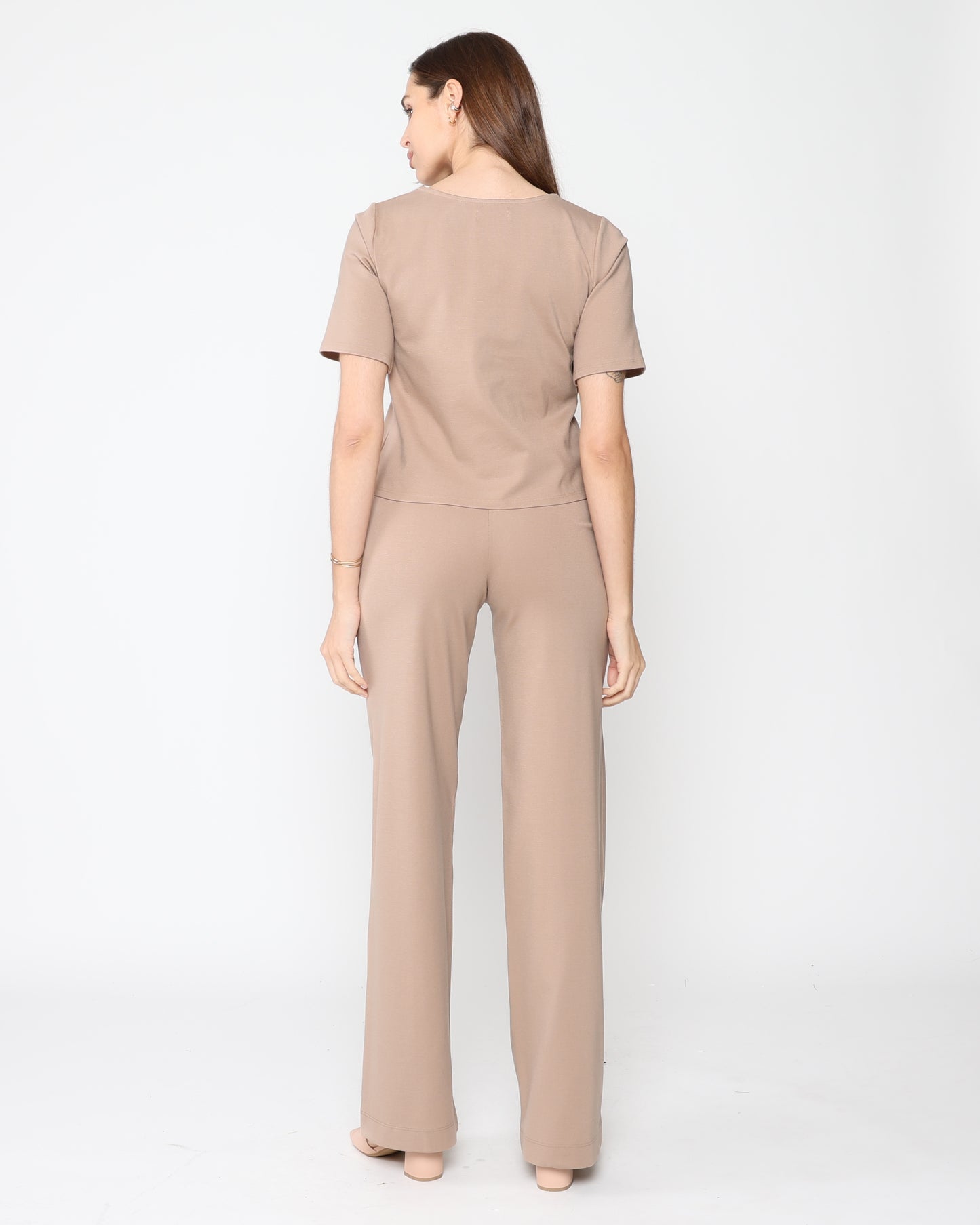 Khaki Ponte Knit Extended Short Sleeve Top