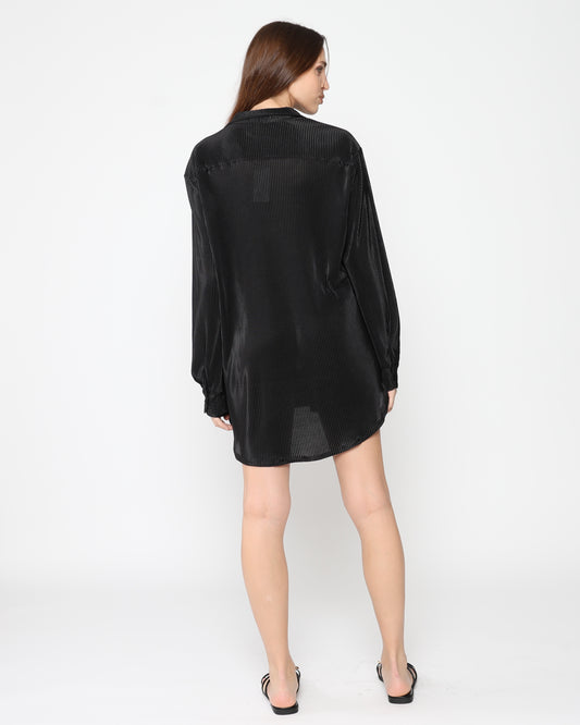 Black Micropleat Oversized Button Down