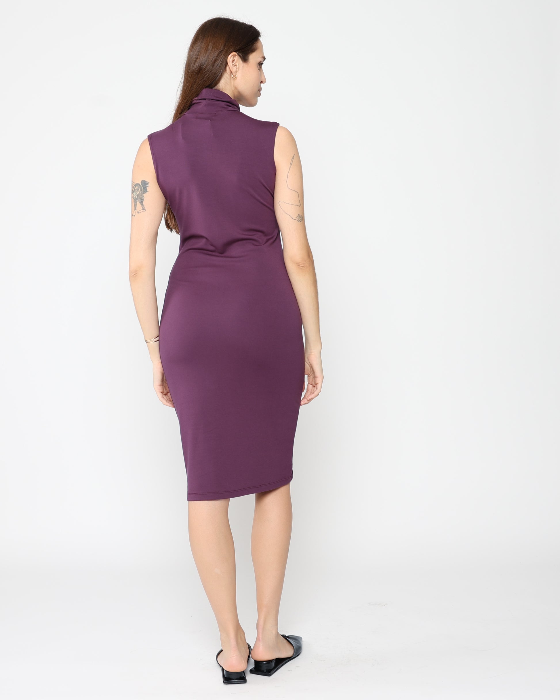 Women's Turtleneck Midi Dress, Soft Stretch Jersey, Day to Night Versatile, Lightweight Comfort, Mulberry, Size XS, Deep Pockets, Ripley Rader