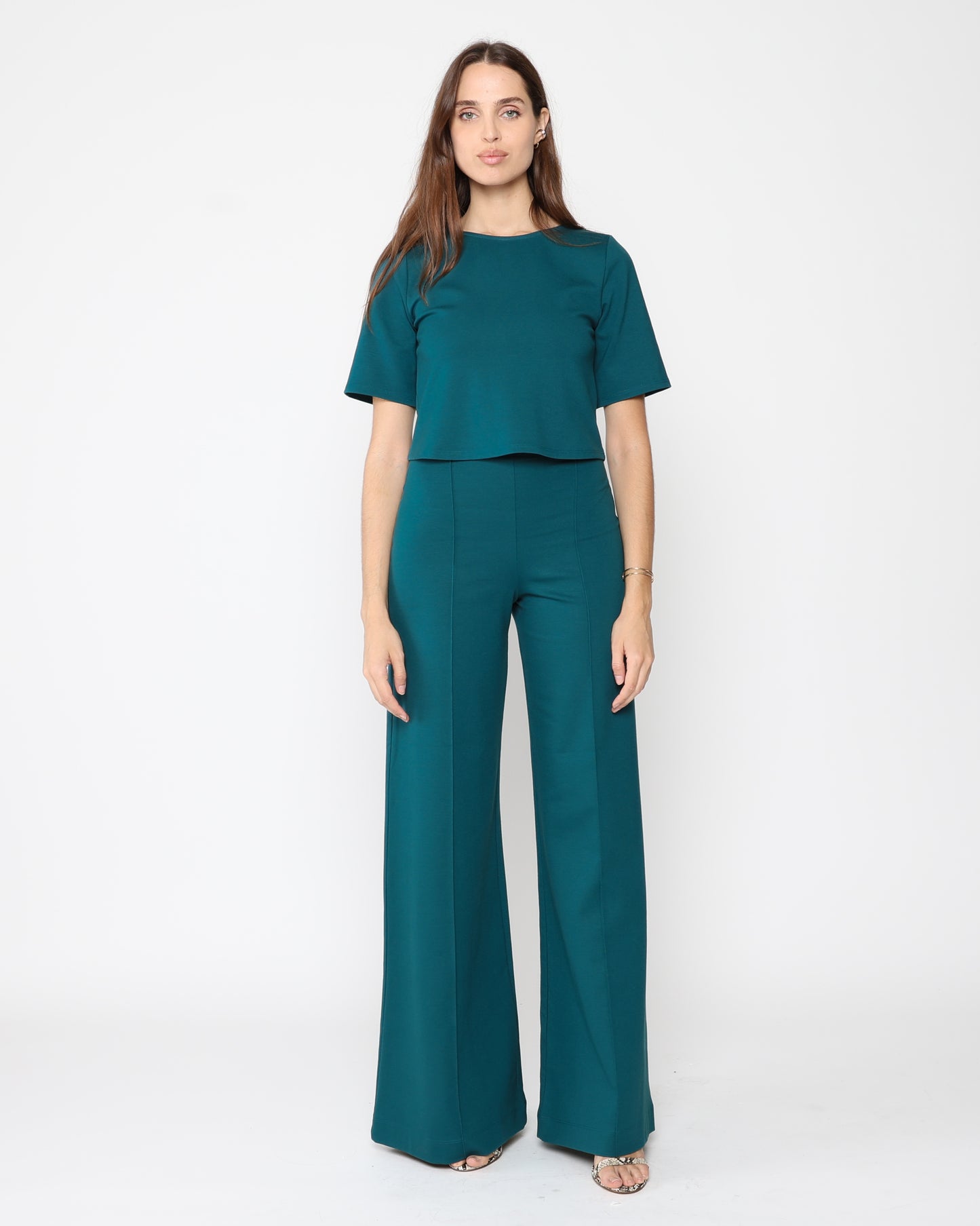 Teal Ponte Knit Long Wide Leg Pant