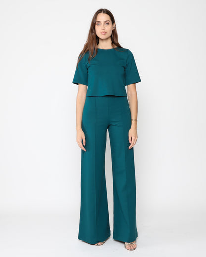Teal Ponte Knit Long Wide Leg Pant