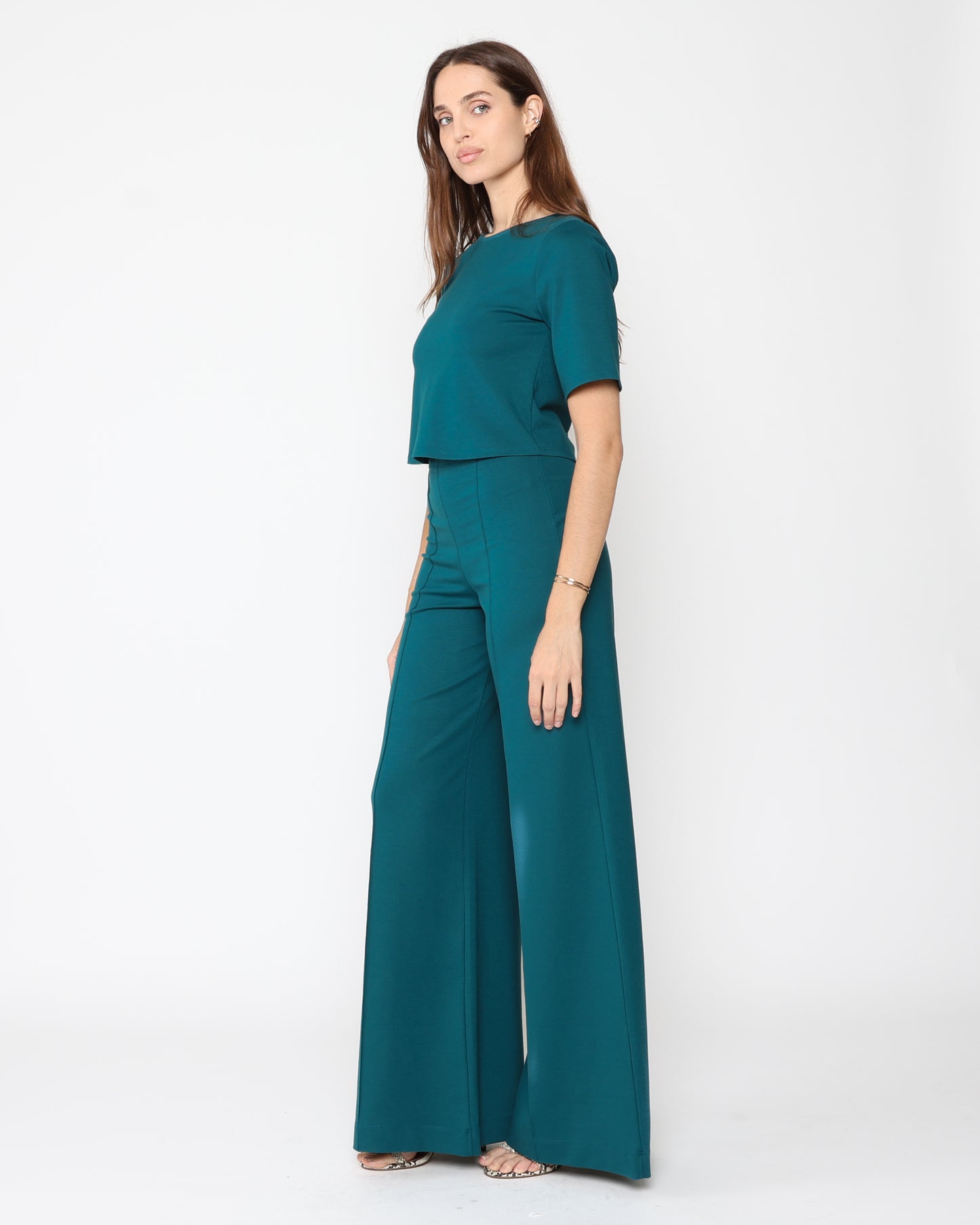 Teal Ponte Knit Long Wide Leg Pant