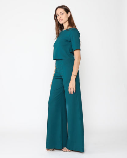 Teal Ponte Knit Long Wide Leg Pant