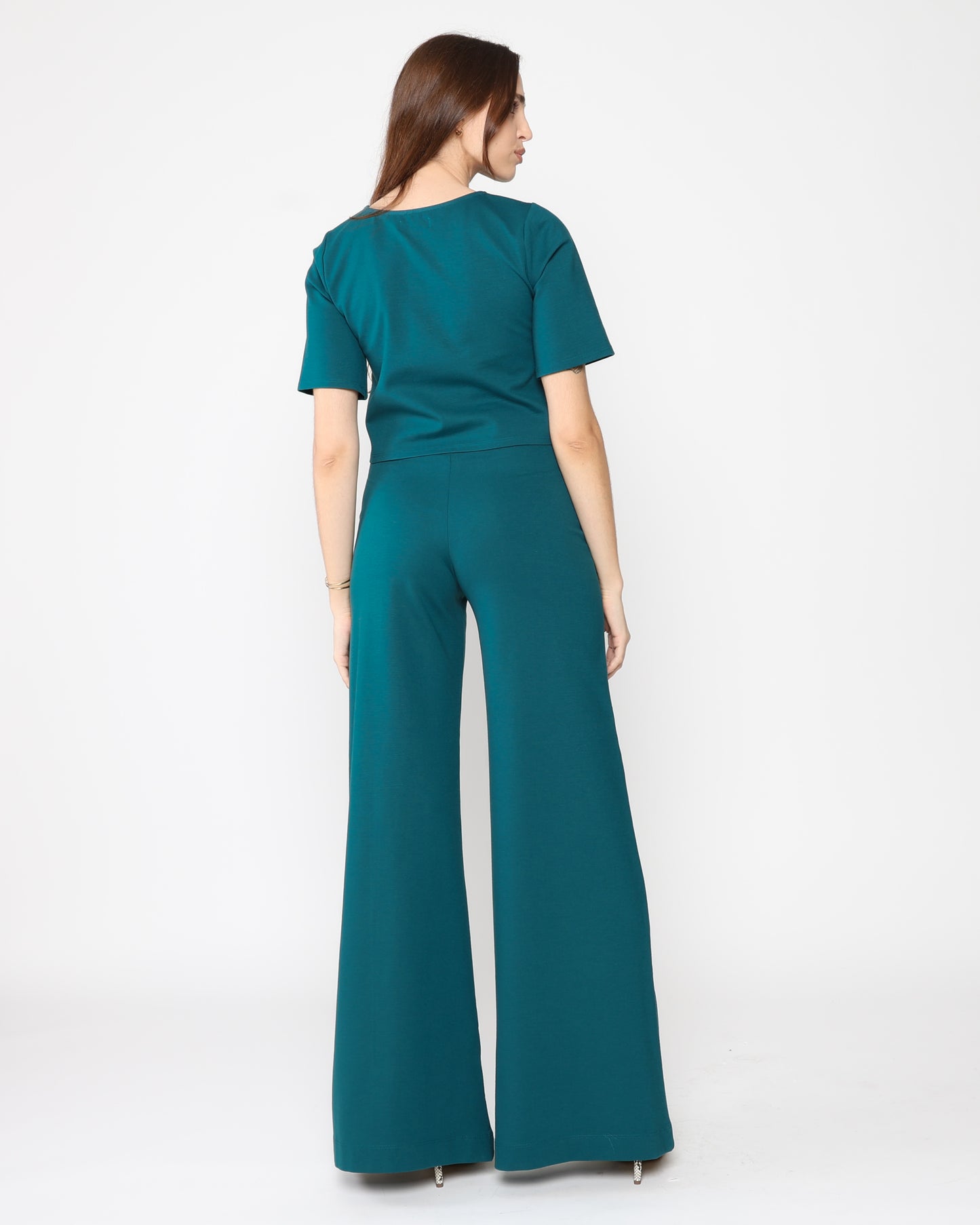 Teal Ponte Knit Long Wide Leg Pant