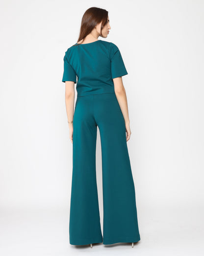 Teal Ponte Knit Long Wide Leg Pant