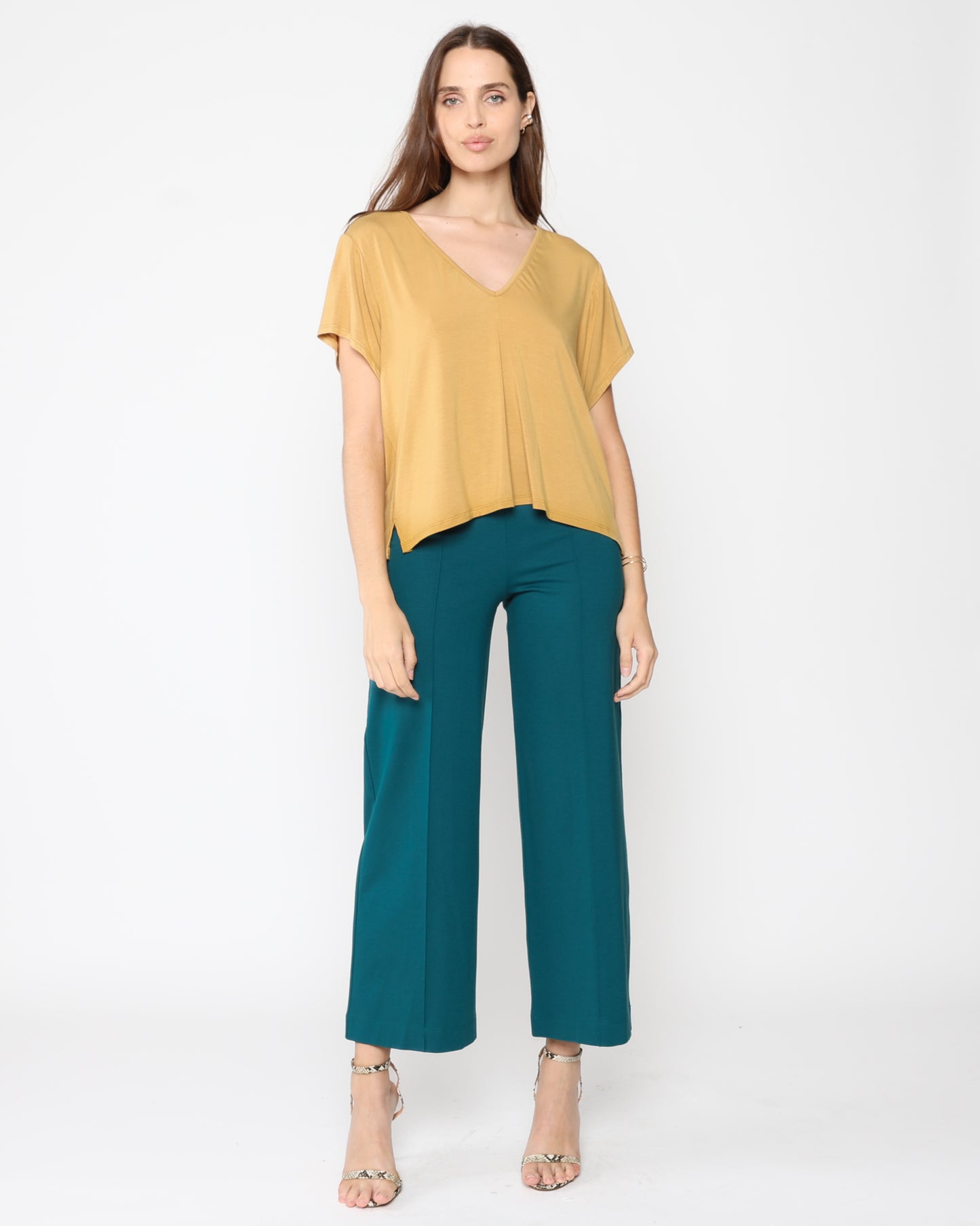 Teal Ponte Knit Straight Leg Pant: Cropped