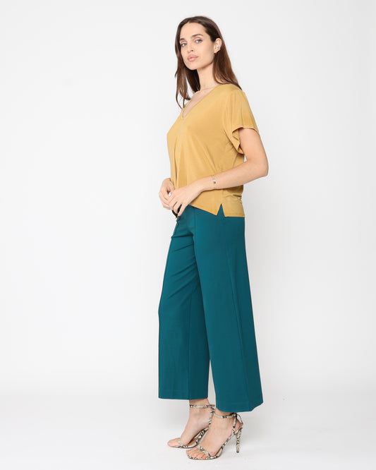 Teal Ponte Knit Straight Leg Pant: Cropped