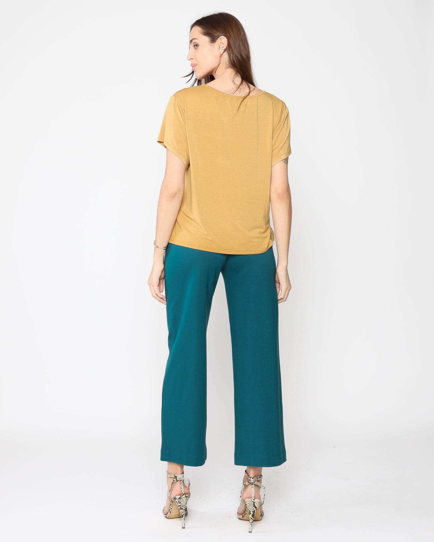 Teal Ponte Knit Straight Leg Pant: Cropped