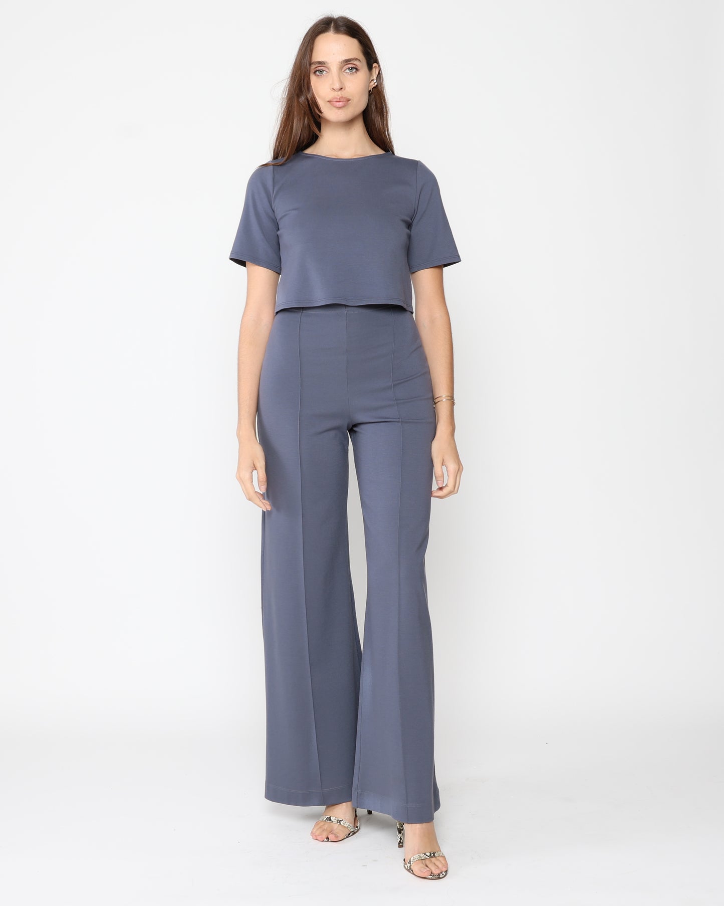Sea Blue Ponte Knit Long Wide Leg Pant