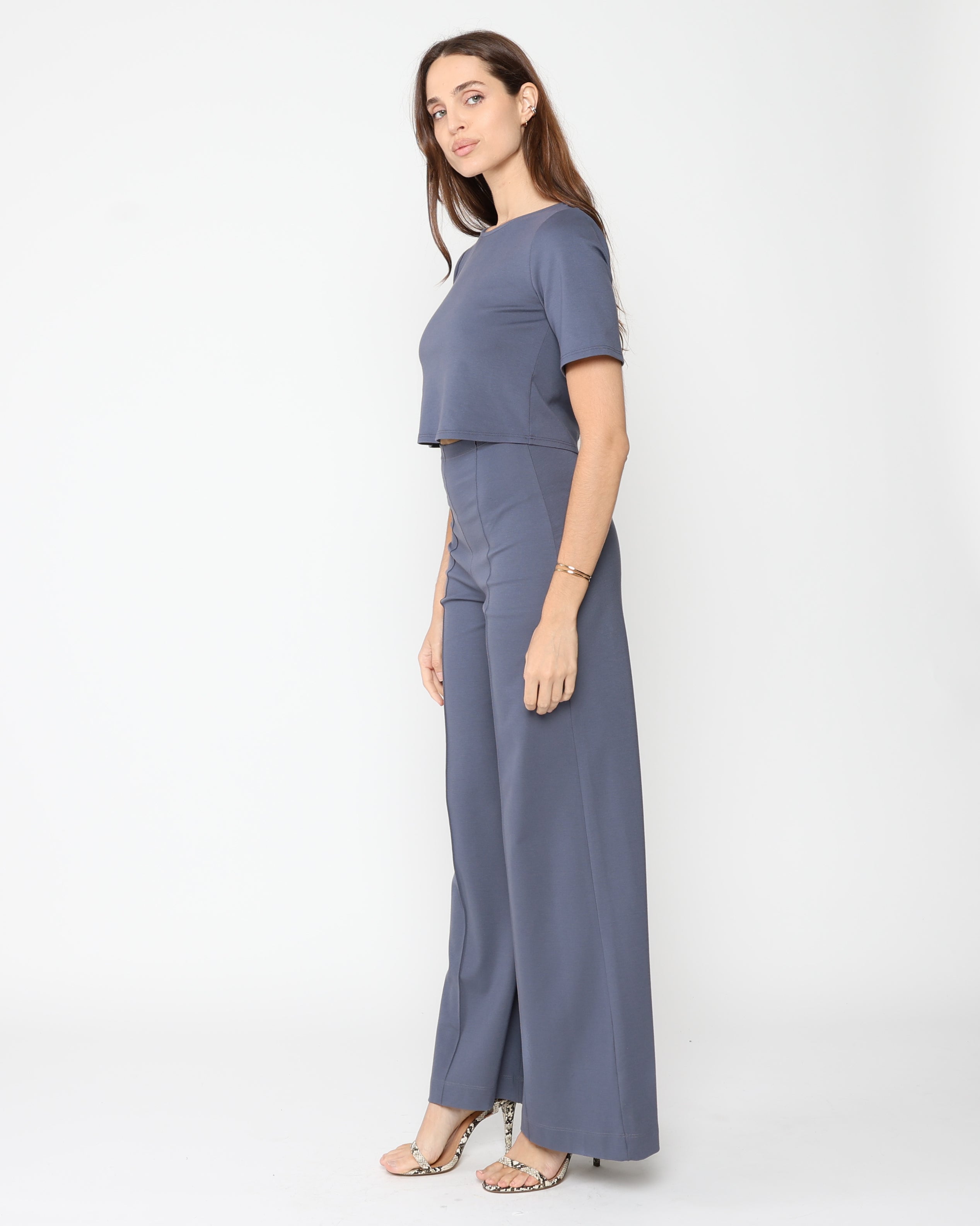 Sea Blue Ponte Knit Long Wide Leg Pant