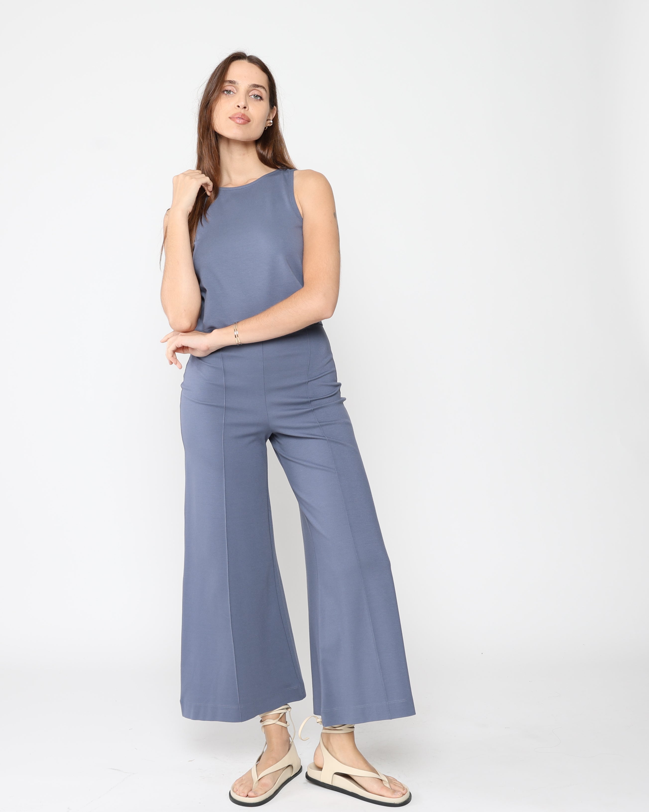 Sea Blue Ponte Knit Cropped Wide Leg Pant