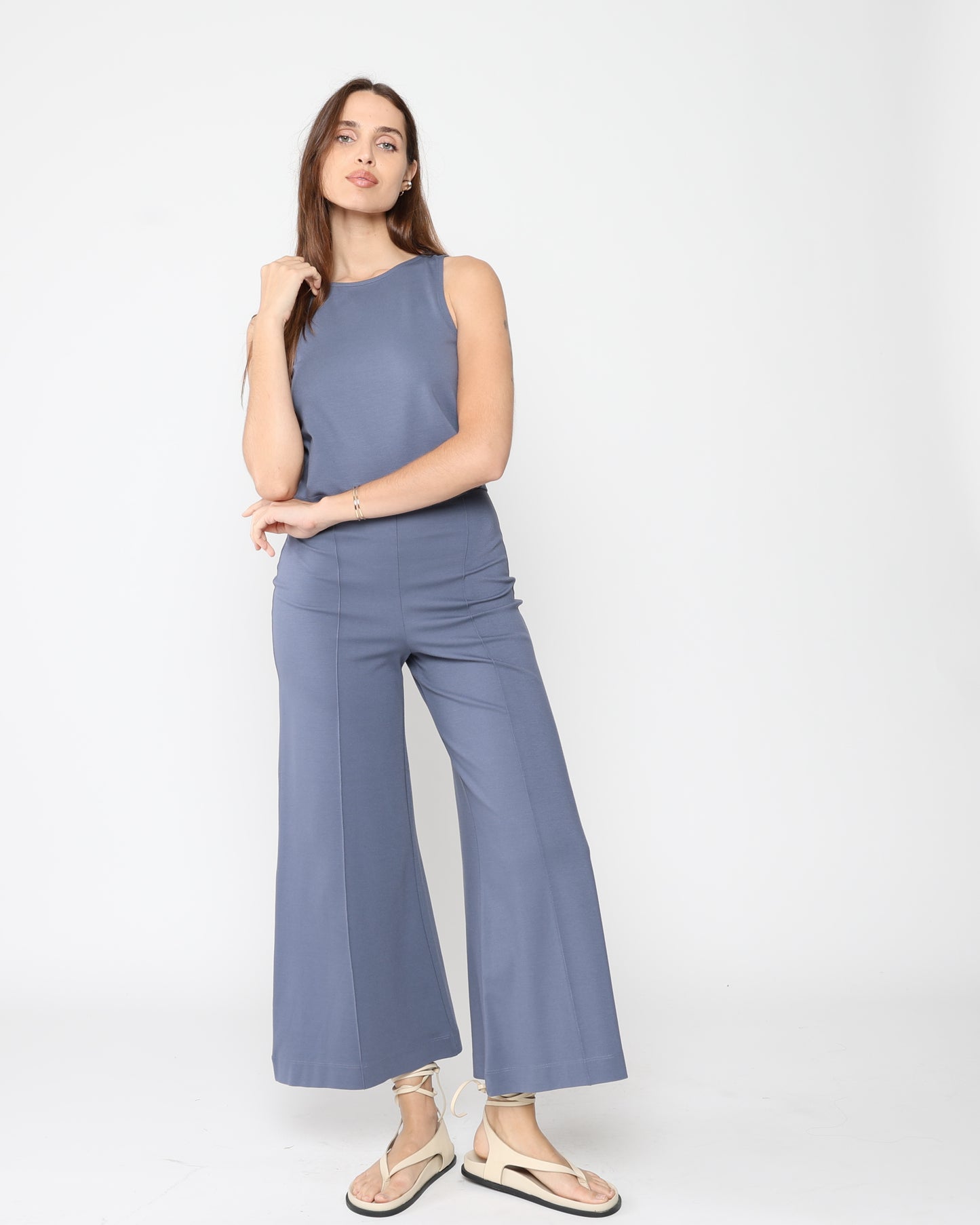 Sea Blue Ponte Knit Wide Leg Pant: Cropped