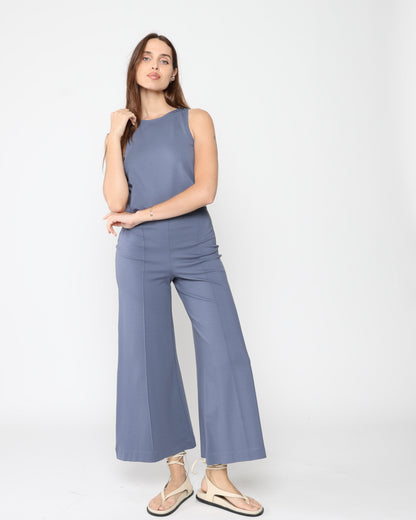 Sea Blue Ponte Knit Wide Leg Pant: Cropped