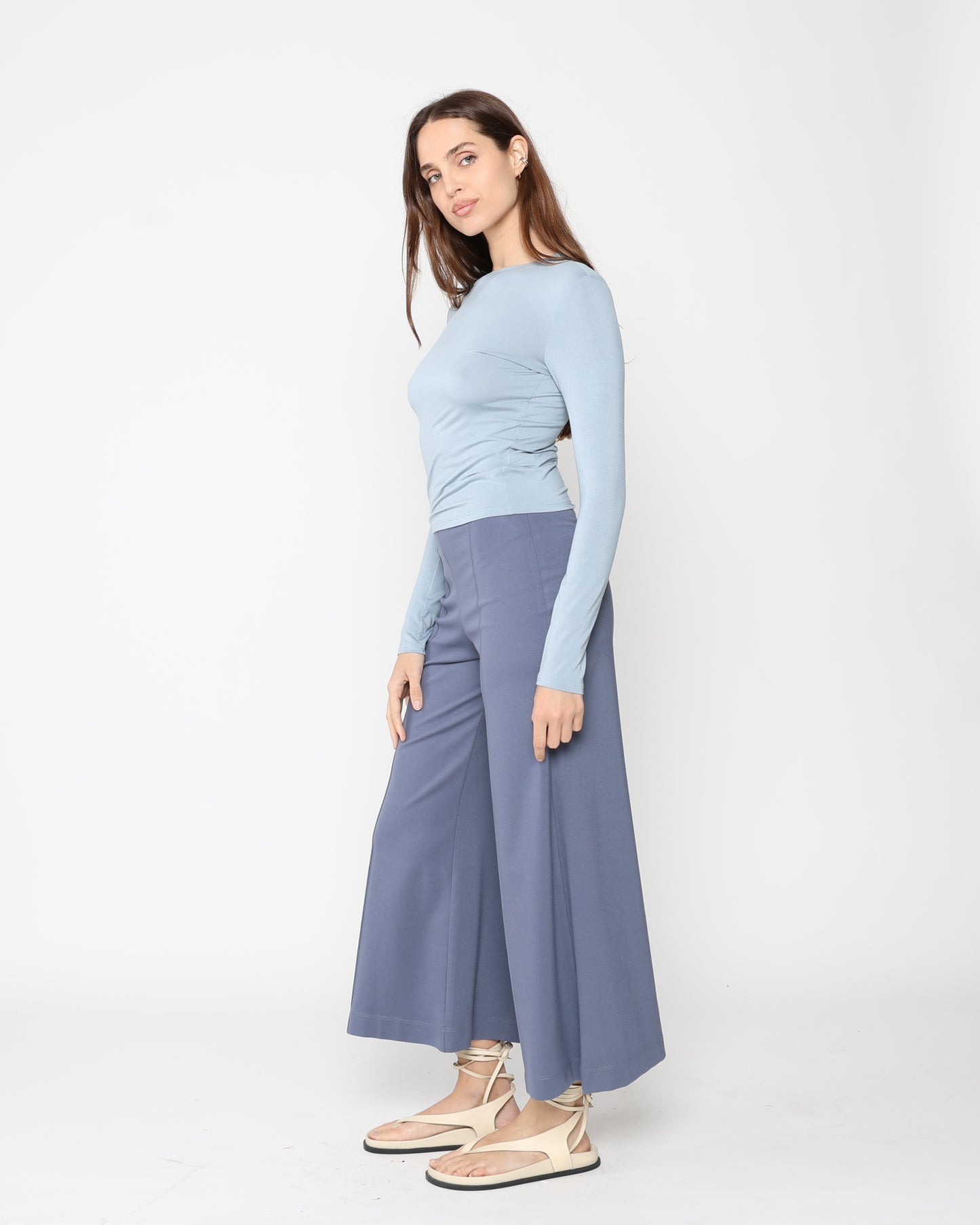 Sea Blue Ponte Knit Wide Leg Pant: Cropped