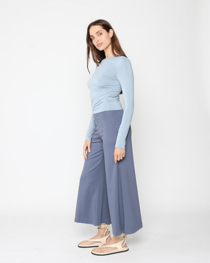 Sea Blue Ponte Knit Wide Leg Pant: Cropped
