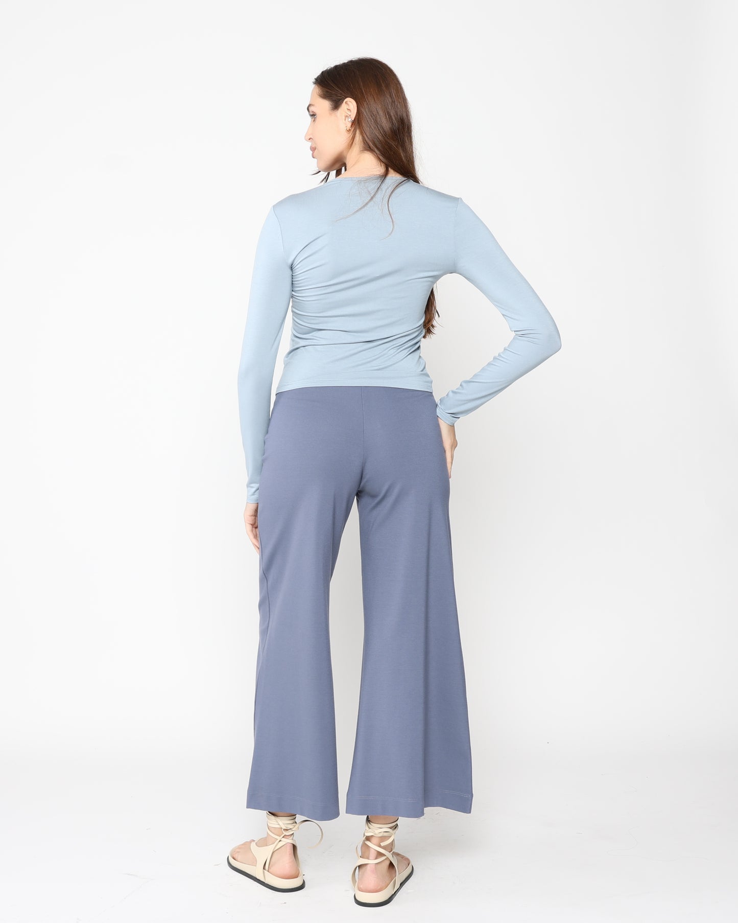 Sea Blue Ponte Knit Wide Leg Pant: Cropped
