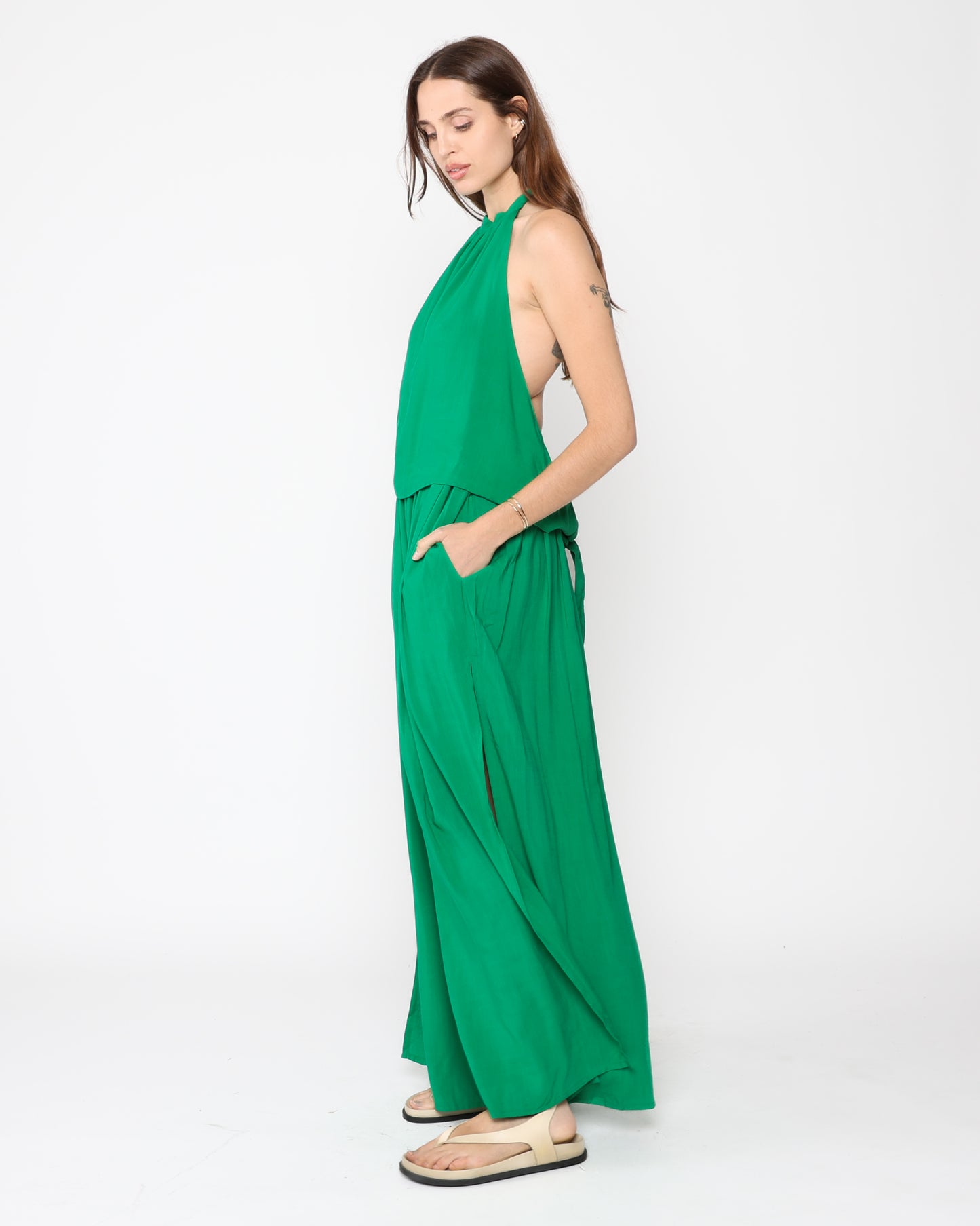 Kelly Green Linen Blend Tie Back Halter Top