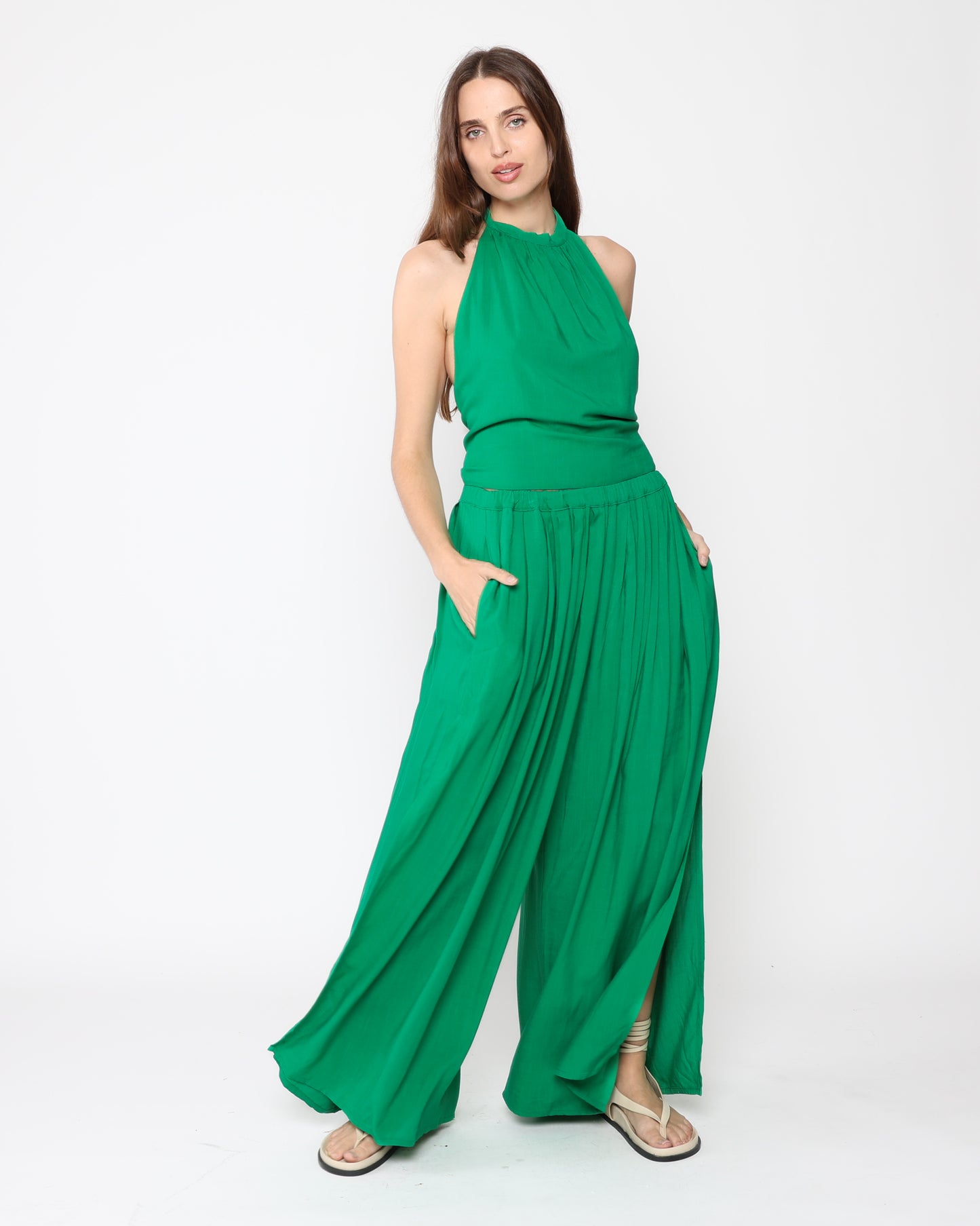 Kelly Green Linen Blend Flowy Pant